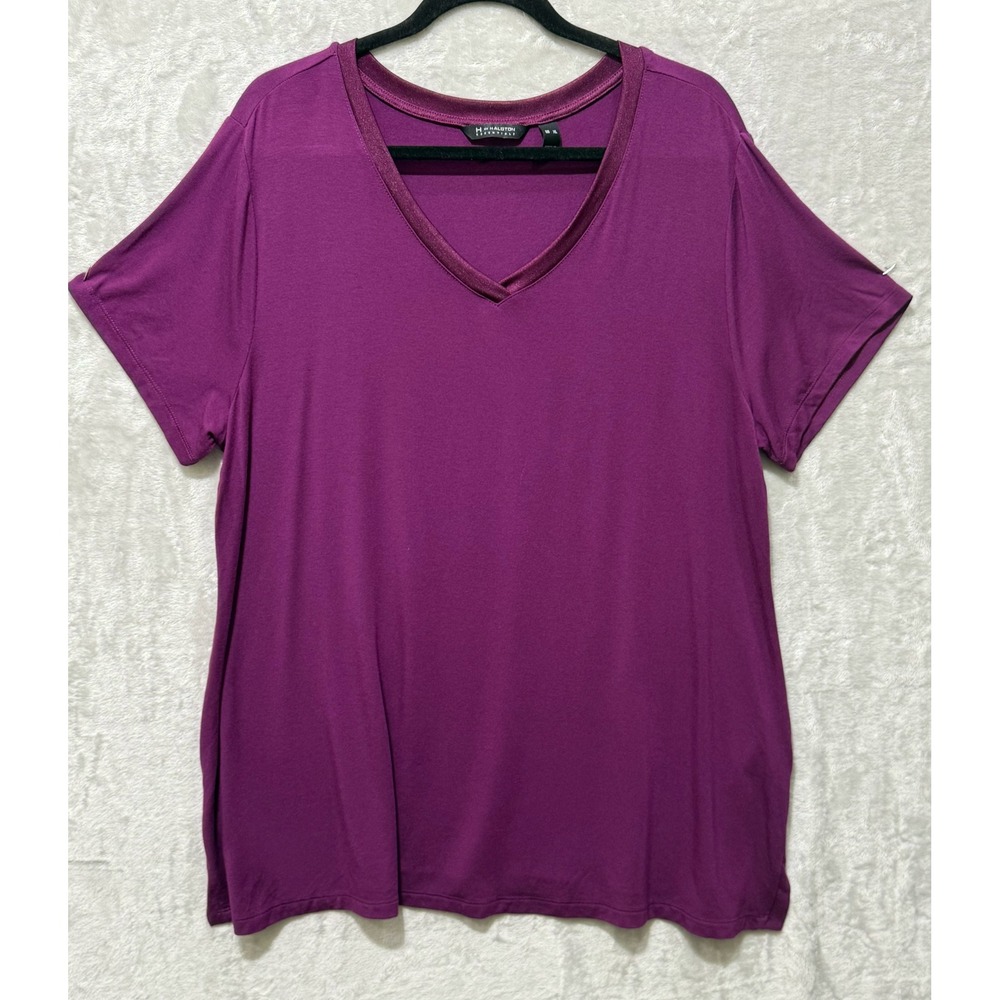Halston Essentials V Neck T Shirt Top Purple Short Sleeve Casual Womens XL